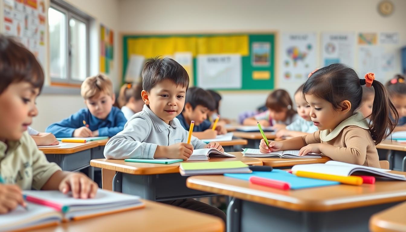 Students studying together in modern classroom